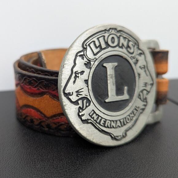 Vintage Lions International Pewter Buckle Tooled Leather Belt Size 36 - Picture 5 of 11